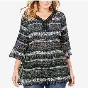 Woman Within Womens Pleated Tunic Top Size 3X Bell Sleeve Studded Boho Office